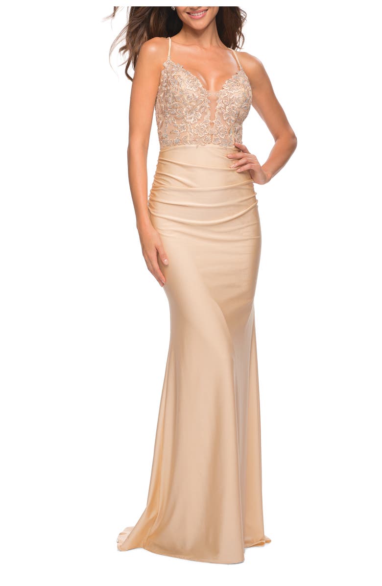 La Femme Prom Dress with Beautiful Lace Bodice and Jersey Skirt, Main, color, Light Gold