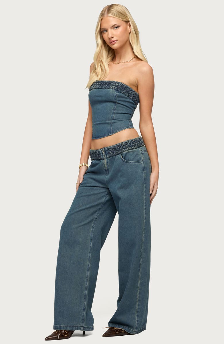 EDIKTED Braidey Strapless Lace-Up Denim Crop Top, Alternate, color,