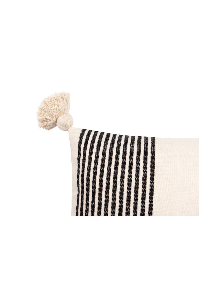 Cotton and Chenille Woven Striped Lumbar Pillow with Tassels, Black and Cream, Alternate, color, Black