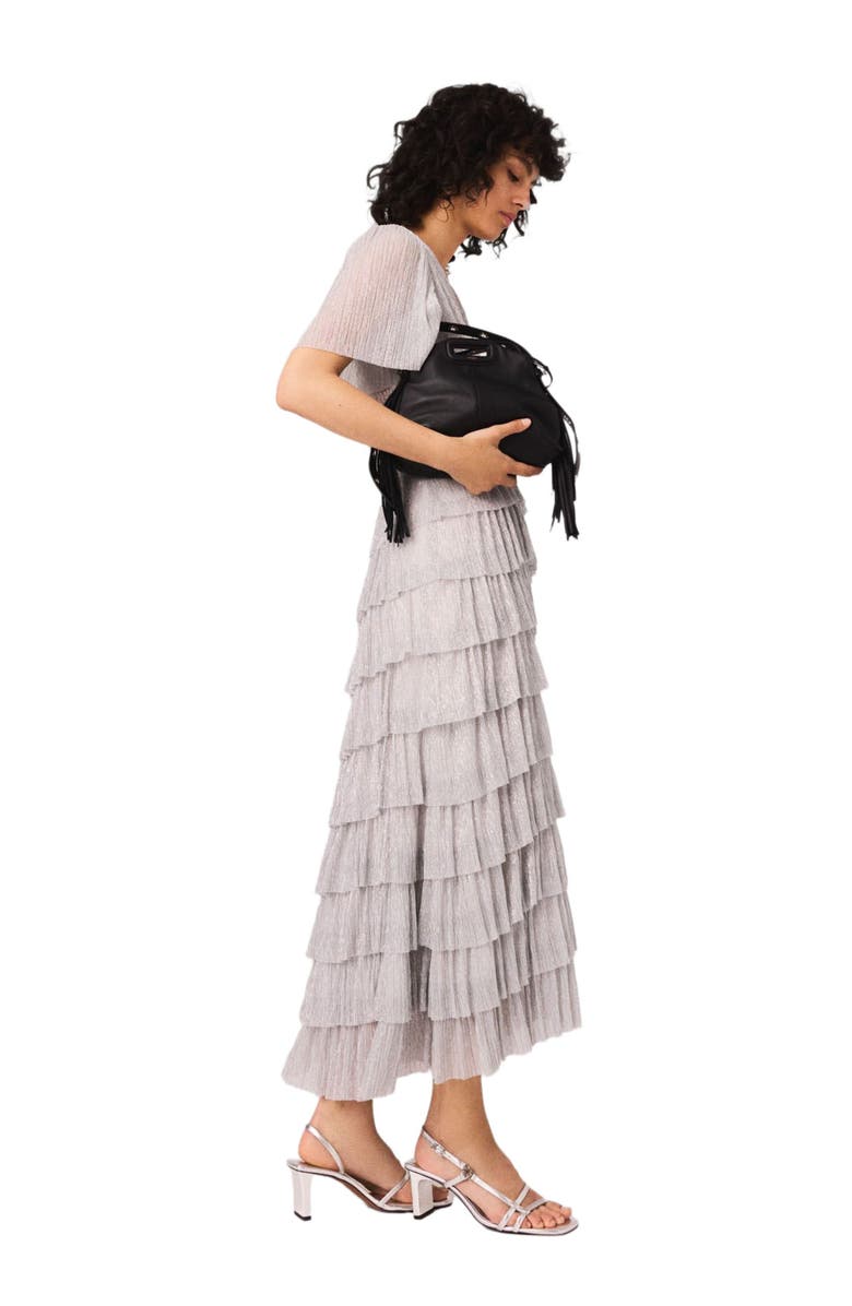 maje Metallic ruffled midi dress, Alternate, color, Silver