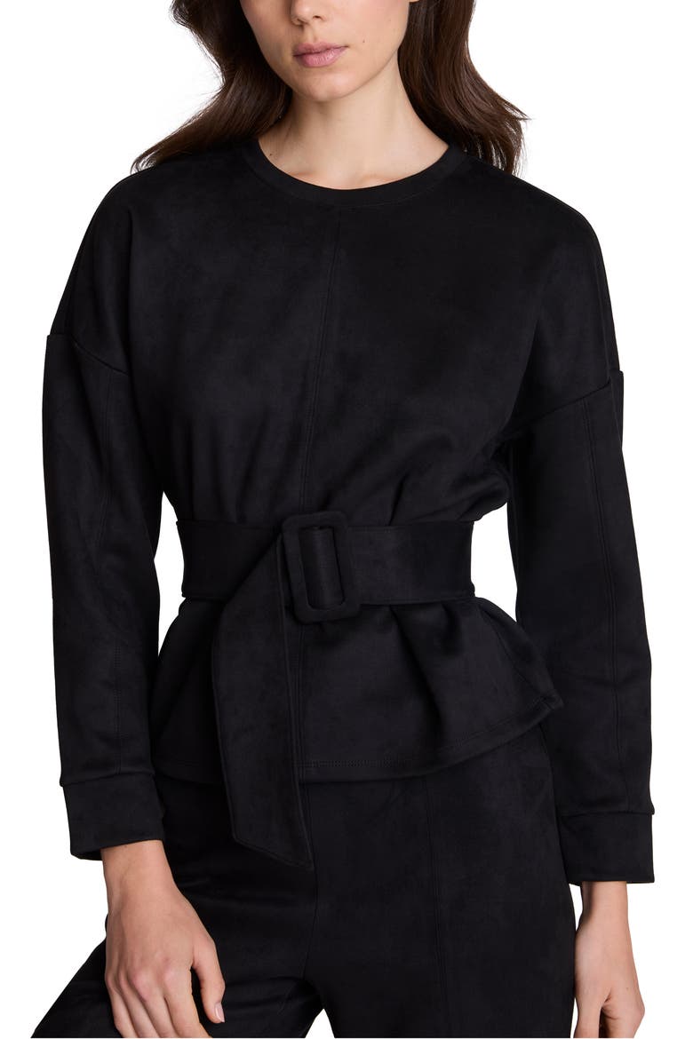 Belted Long Sleeve Crewneck Top, Main, color, BLACK