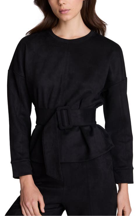 Belted Long Sleeve Crewneck Top