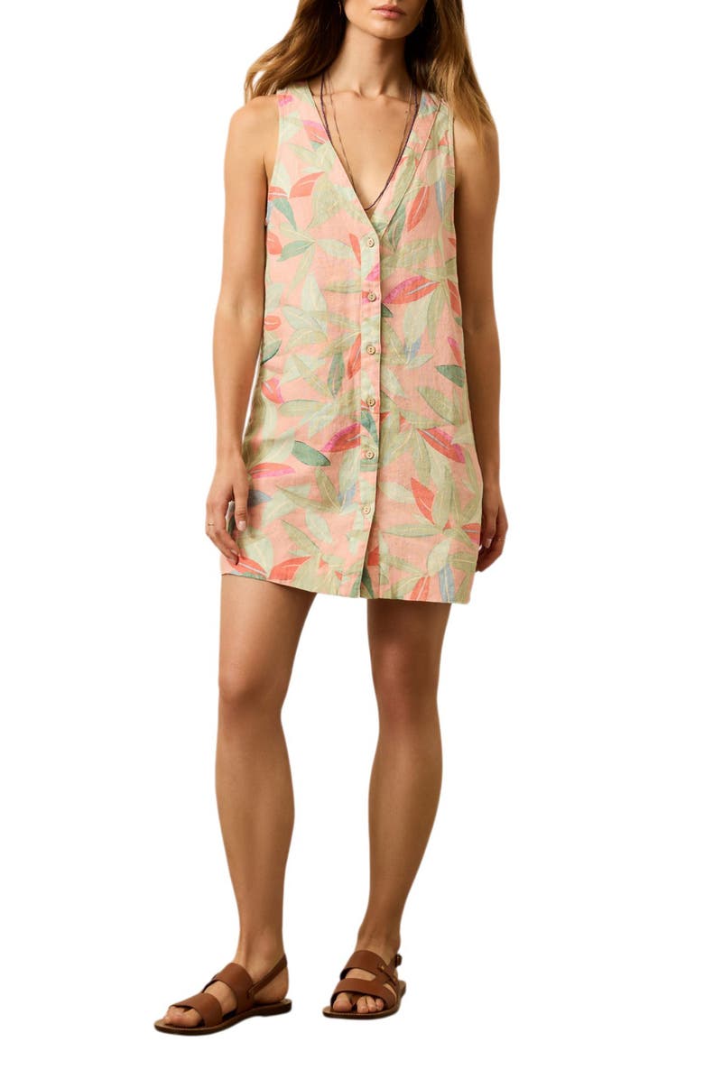 Faherty Alston Button Front Linen Dress, Alternate, color, Watercolor Palms