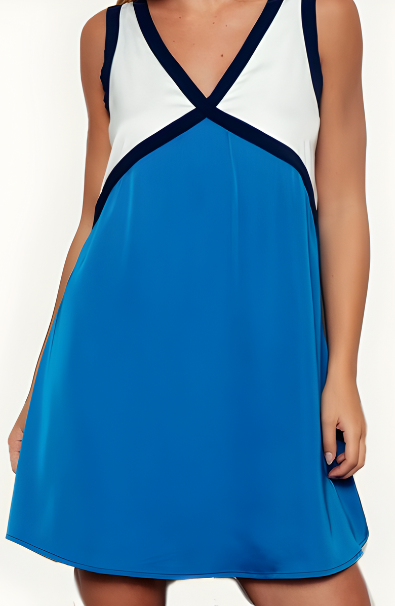 Modenaire Sleeveless V-Neck Mini Dress with Contrast Binding, Alternate, color, Blue / White / Navy