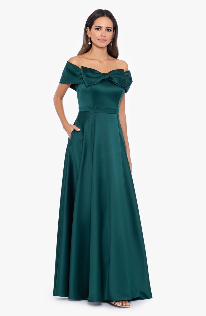 Xscape Evenings Bow Front Off the Shoulder Satin Ballgown, Alternate, color, 