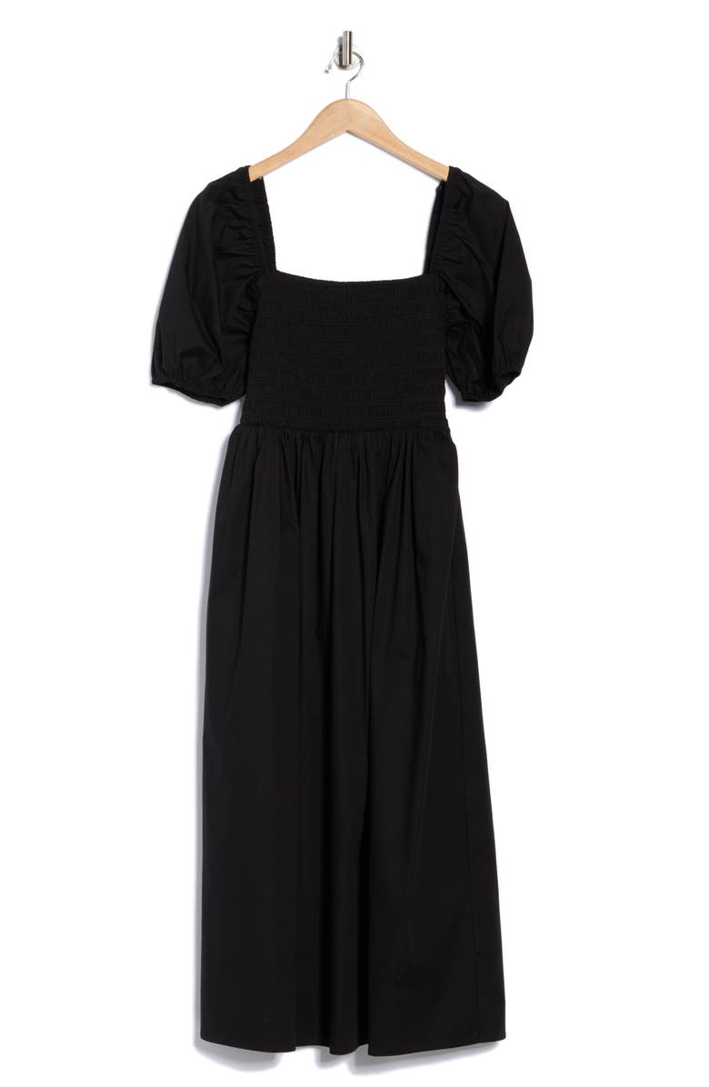 WAYF Puff Sleeve Smocked Midi Dress, Alternate, color, Black