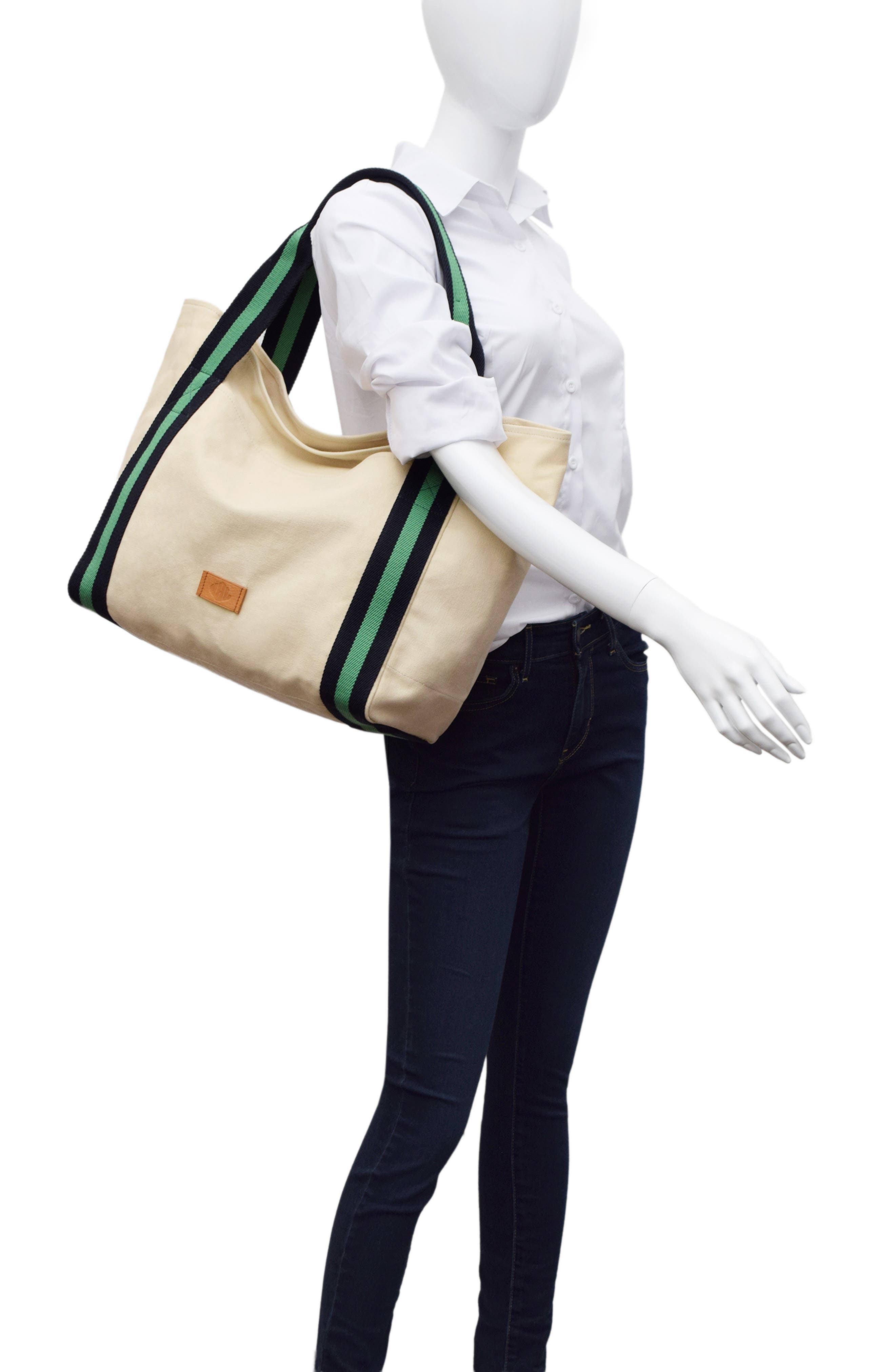 New Amsterdam Leatherworks Liliana Cotton Canvas Large Tote Bag, Alternate, color, Natural/ Kelly