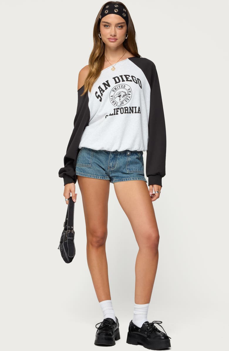 EDIKTED San Diego Off the Shoulder Raglan Long Sleeve Graphic Top, Alternate, color, Gray-Melange-And-Black