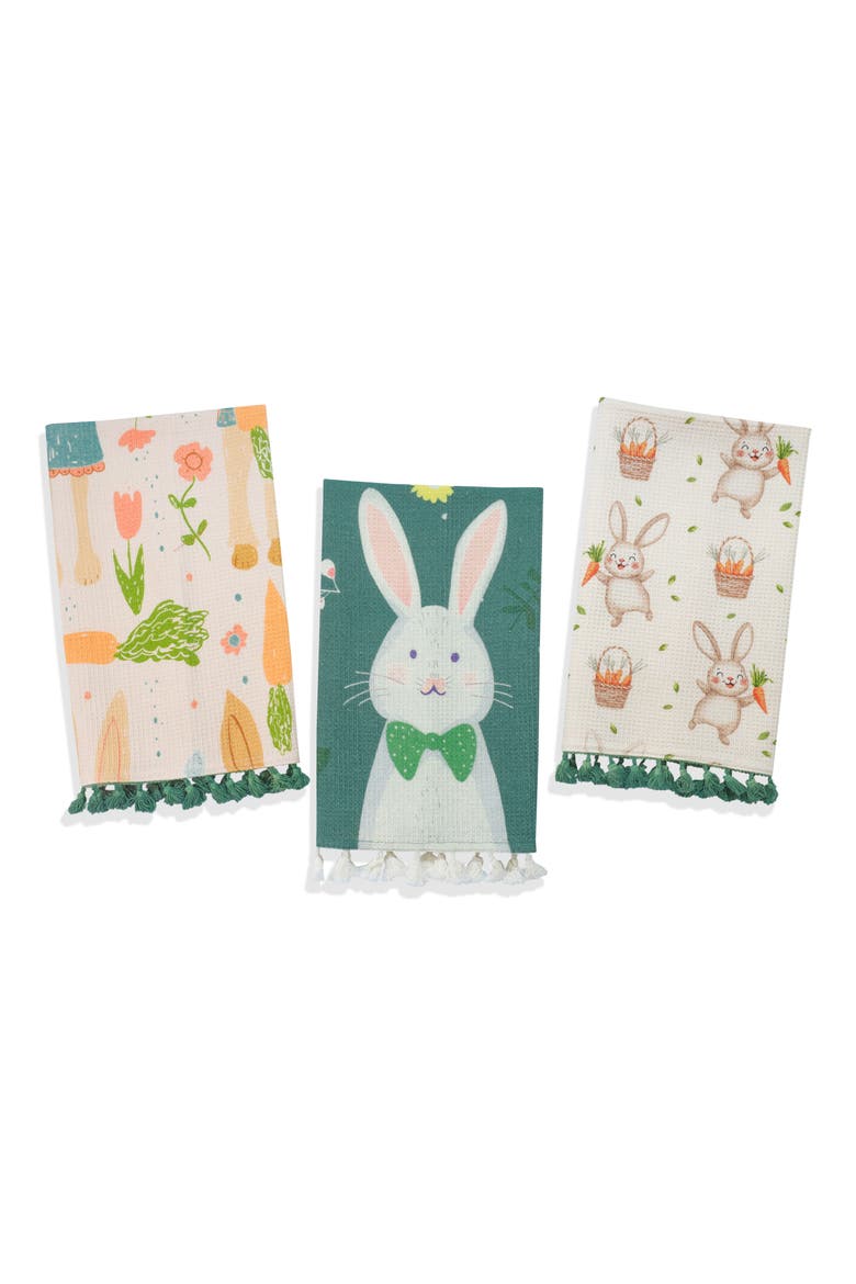Spring Garden Bunny Set of 3 Cotton Kitchen Towels, Main, color, GREEN