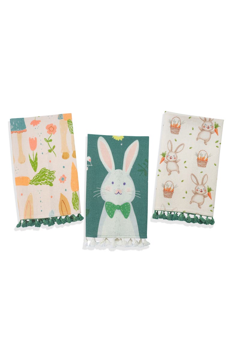 Tiramisu Spring Garden Bunny Set of 3 Cotton Kitchen Towels, Main, color, Green
