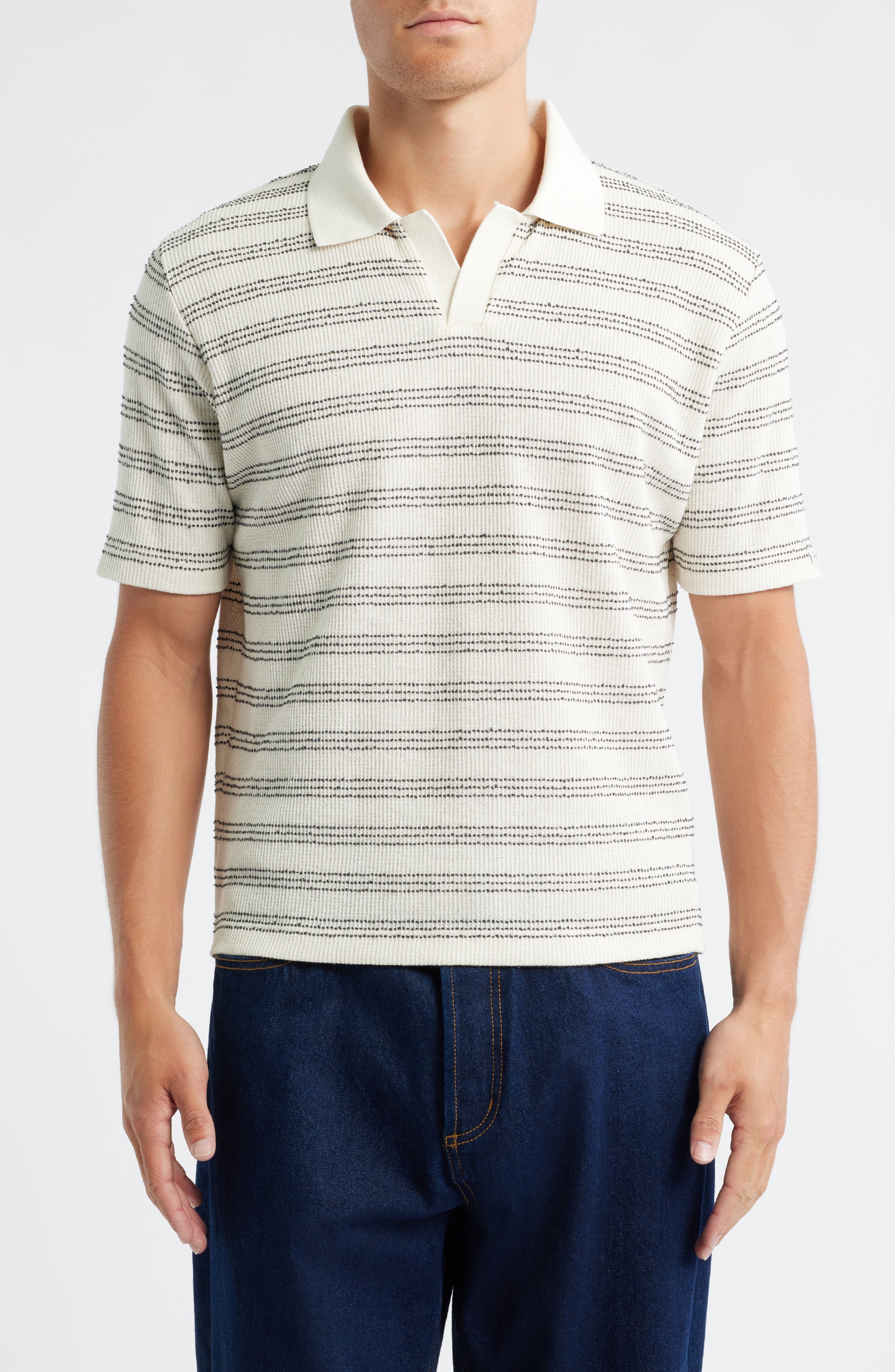 Percival Laurent Stripe Johnny Collar Cotton Blend Polo in Ecru 