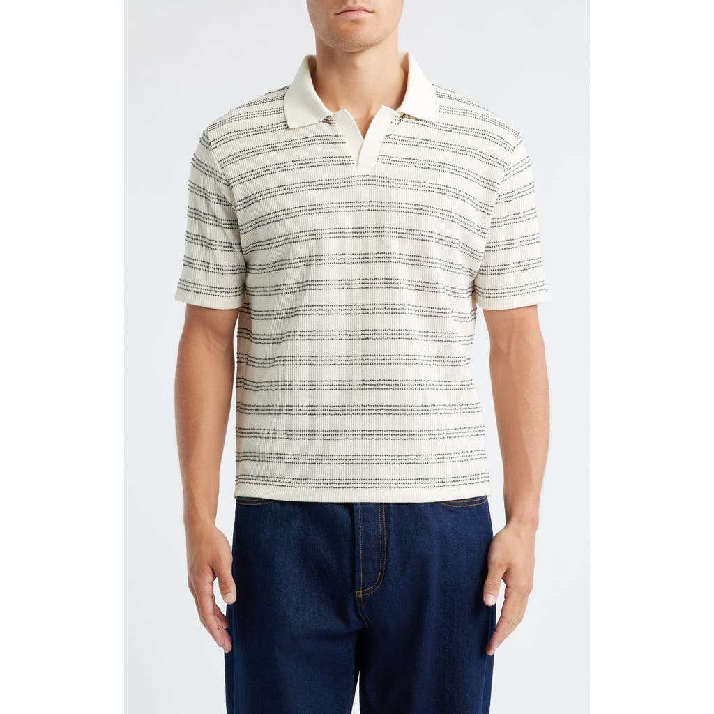 Percival Laurent Stripe Johnny Collar Cotton Blend Polo in Ecru  product