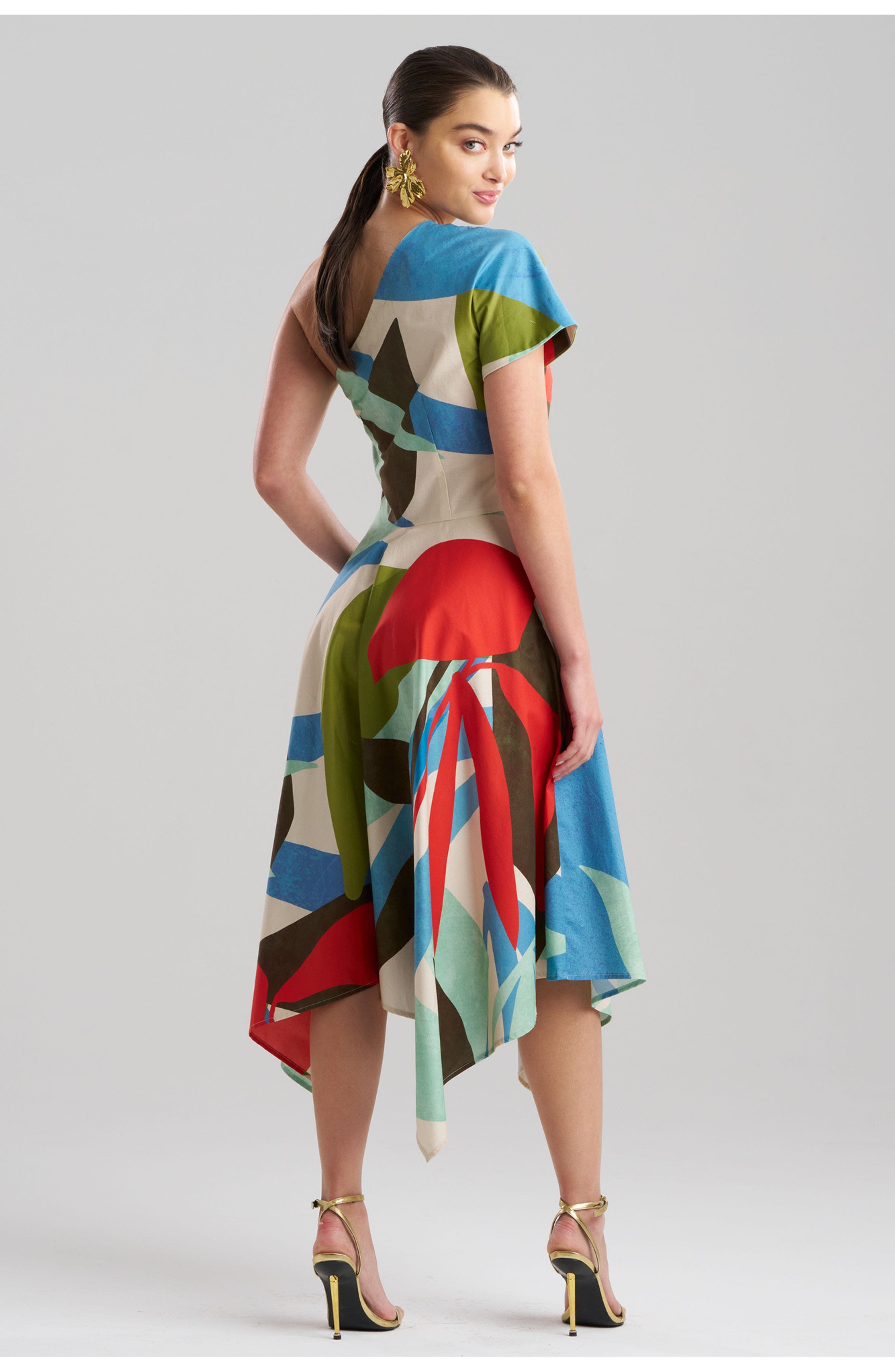 Abstract Palm Cotton Poplin One Shoulder Handkerchief Hem Dress - image 2