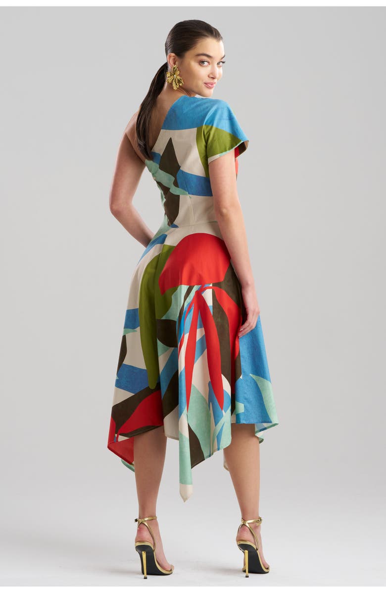 Natori Abstract Palm Cotton Poplin One Shoulder Handkerchief Hem Dress, Alternate, color, Multi
