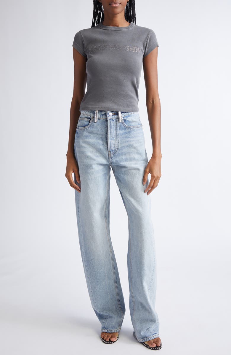 Alexander Wang Float Crystal Loop Nonstretch Denim Barrel Leg Jeans, Alternate, color, Vintage Bleach Blue