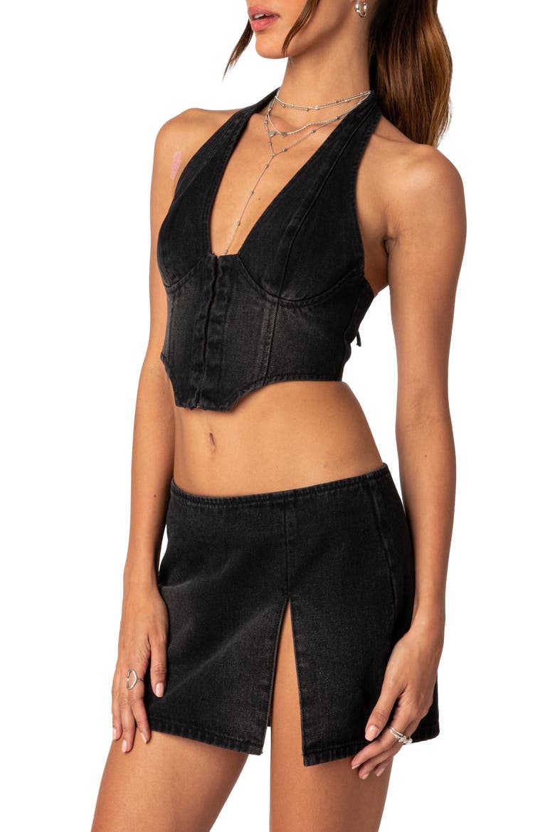Katrina Lace-Up Denim Corset Halter Top, Alternate, color, BLACK-WASHED