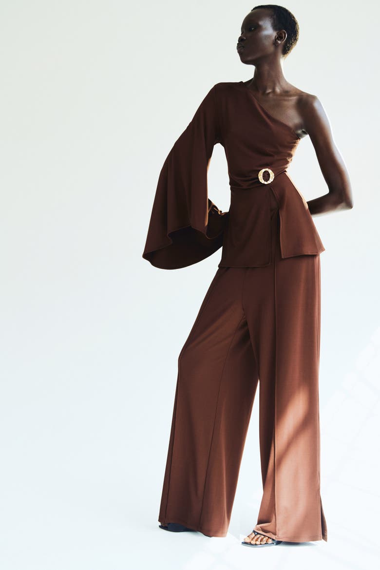 Draped One-shoulder Top, Alternate, color, Dark brown