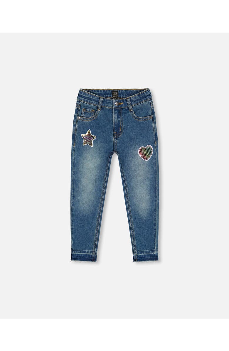 Deux par Deux Girl's Jeans With Embroidery Patch Blue Denim, Main, color, 