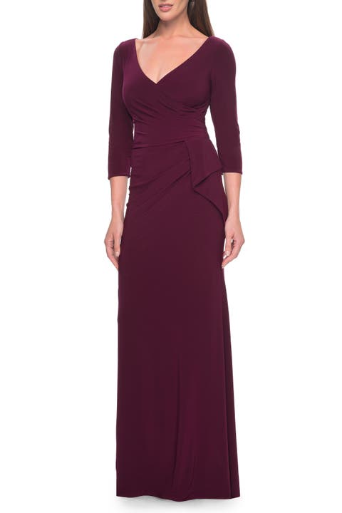 Three Quarter Sleeve Jersey Evening Dress with Ruffle Detail
