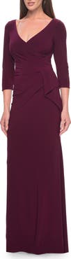 La Femme Three Quarter Sleeve Jersey Evening Dress with Ruffle Detail
