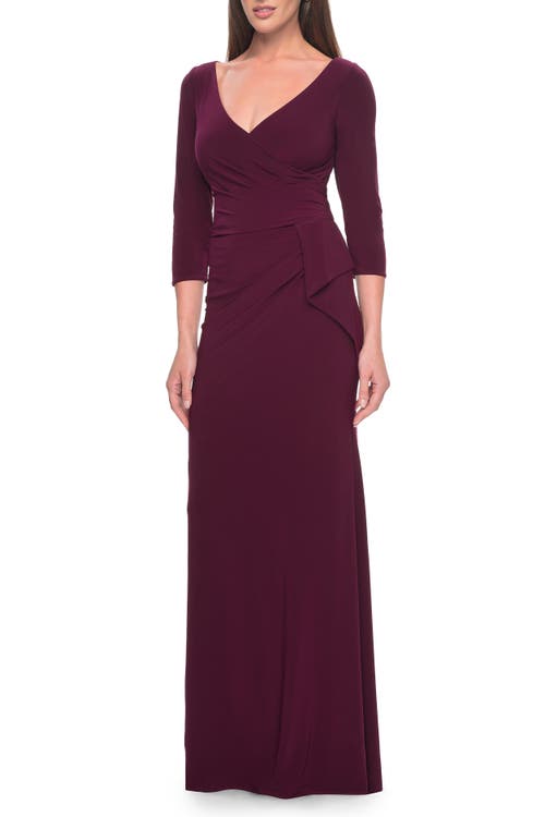 La Femme Three Quarter Sleeve Jersey Evening Dress with Ruffle Detail in Dark Berry at Nordstrom, Size 12