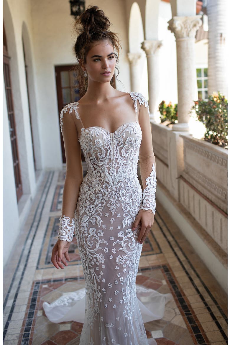 Illusion Long Sleeve Embroidered Trumpet Wedding Dress, Alternate, color, IVORY