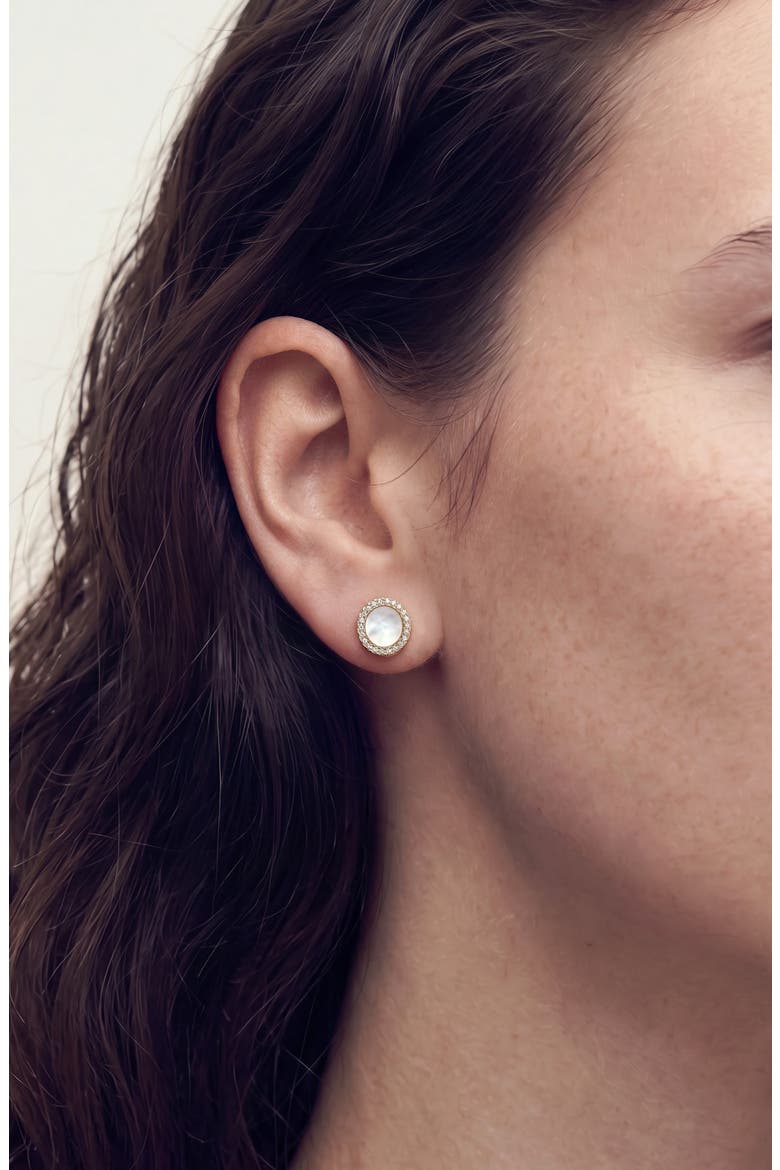 Cubic Zirconia Halo Mother-of-Pearl Stud Earrings, Alternate, color, GOLD/ WHITE