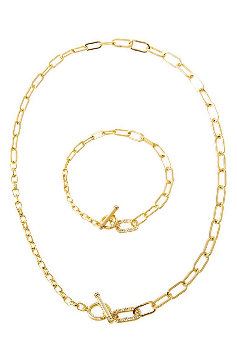 BY ADINA EDEN Pavé Toggle Graduated Chain Necklace & Bracelet Set, Main, color,