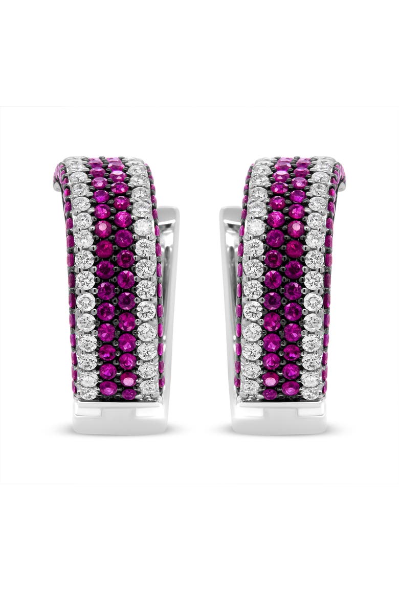 18K White Gold 1 7/8 Cttw Diamond and 1mm Round Red Ruby Open Swish Hoop Earrings, Alternate, color, White