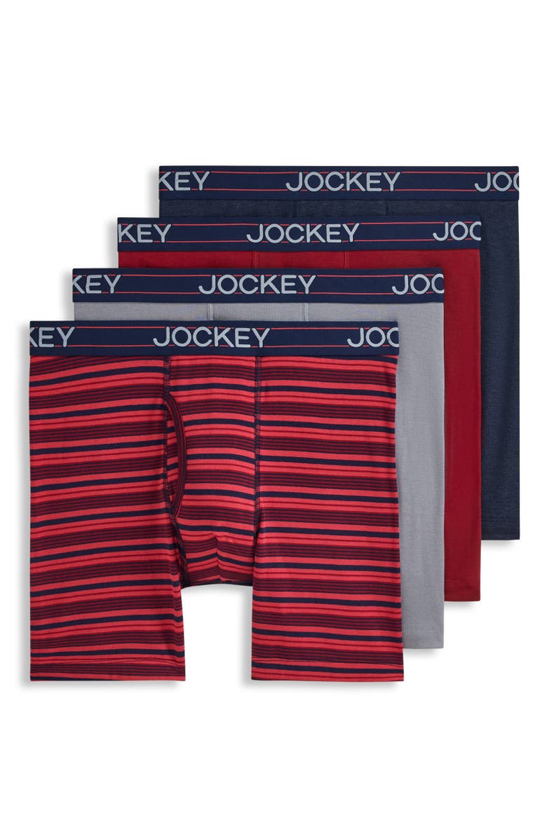 Mens Lightweight Cotton Blend 7" Long Leg Boxer Brief - 4 Pack, Main, color, Red Lake Stripe
