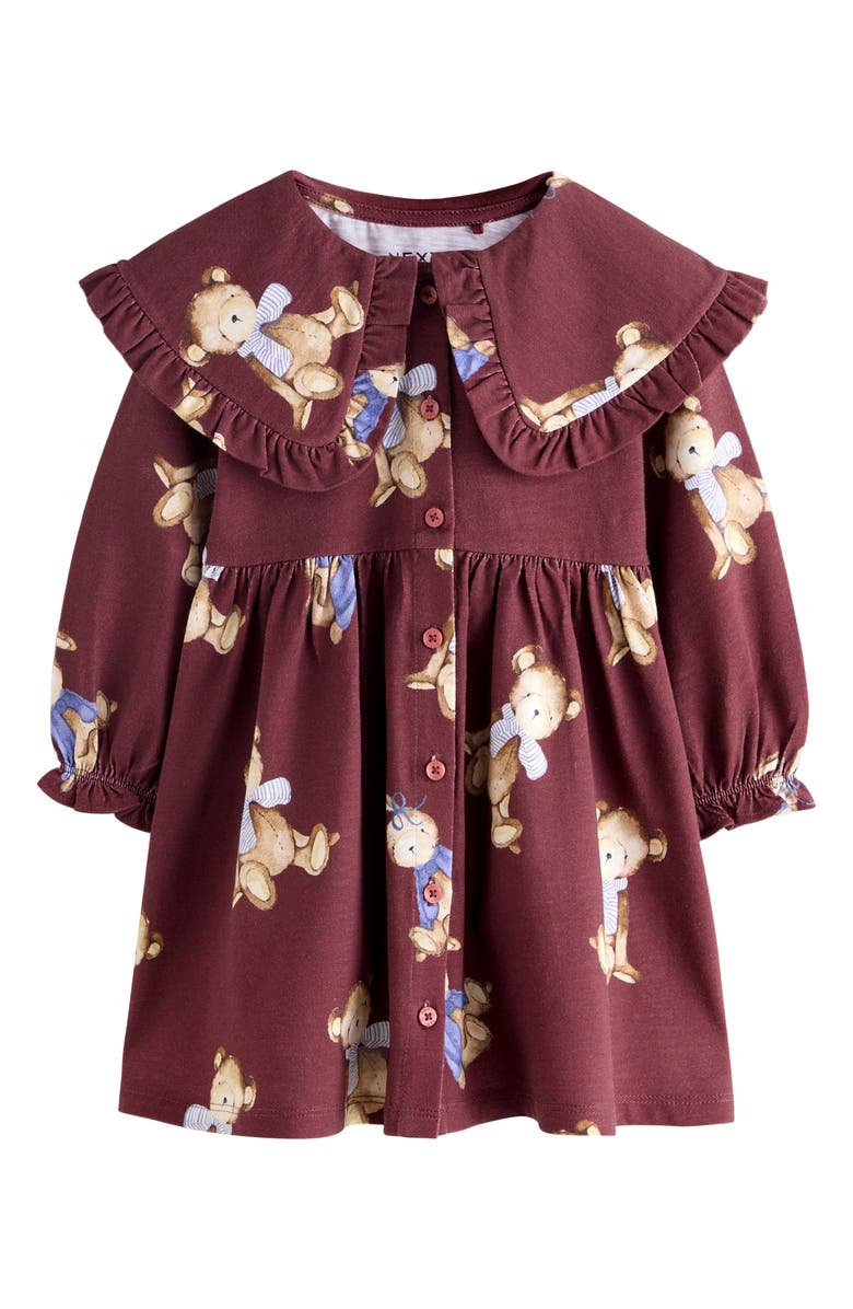 NEXT Kids' Teddy Bear Print Cotton Jersey Dress, Main, color, Dark Red