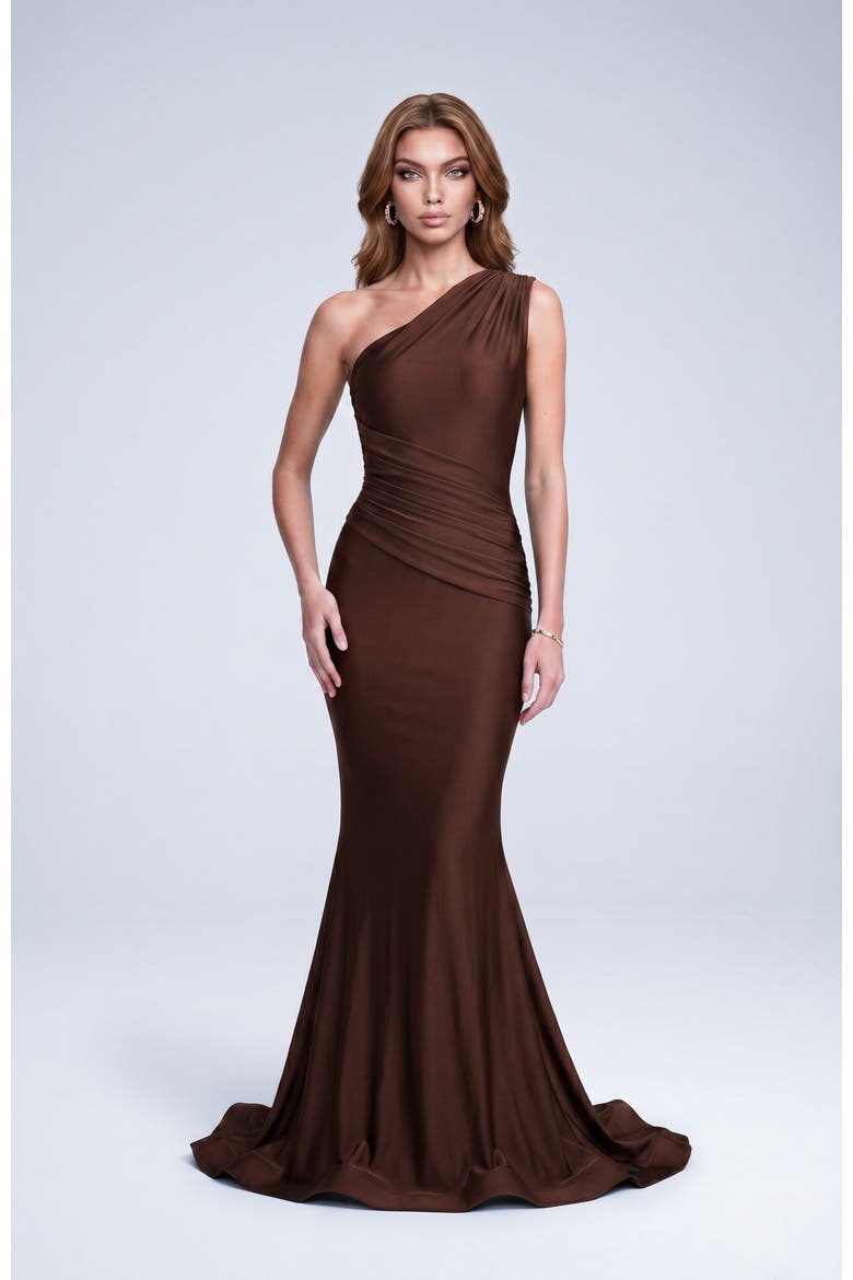 One Shoulder Ruched Mermaid Evening Gown, Alternate, color, Brown