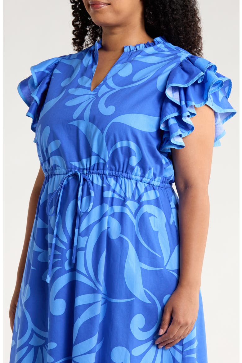 Emidora Floral Kiny Flutter Sleeve Cotton Midi Dress, Alternate, color, NAVY-BLUE