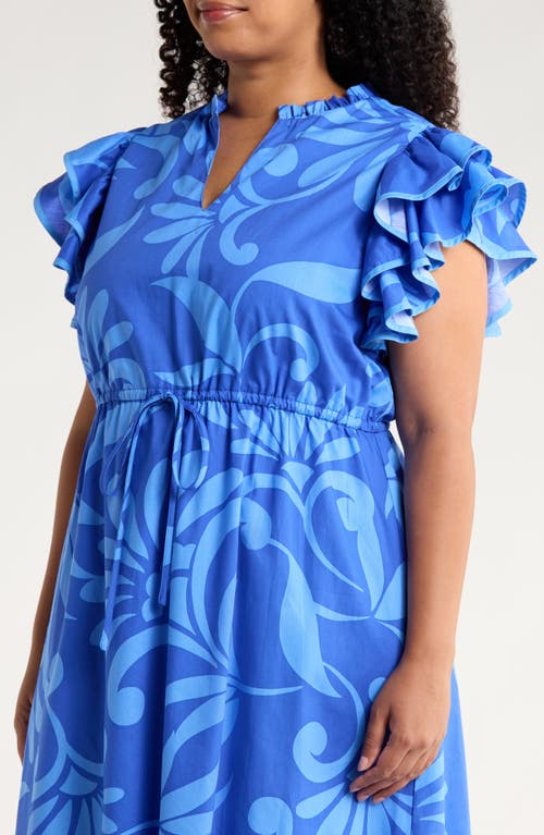Sugarlips Emidora Floral Kiny Flutter Sleeve Cotton Midi Dress In Blue