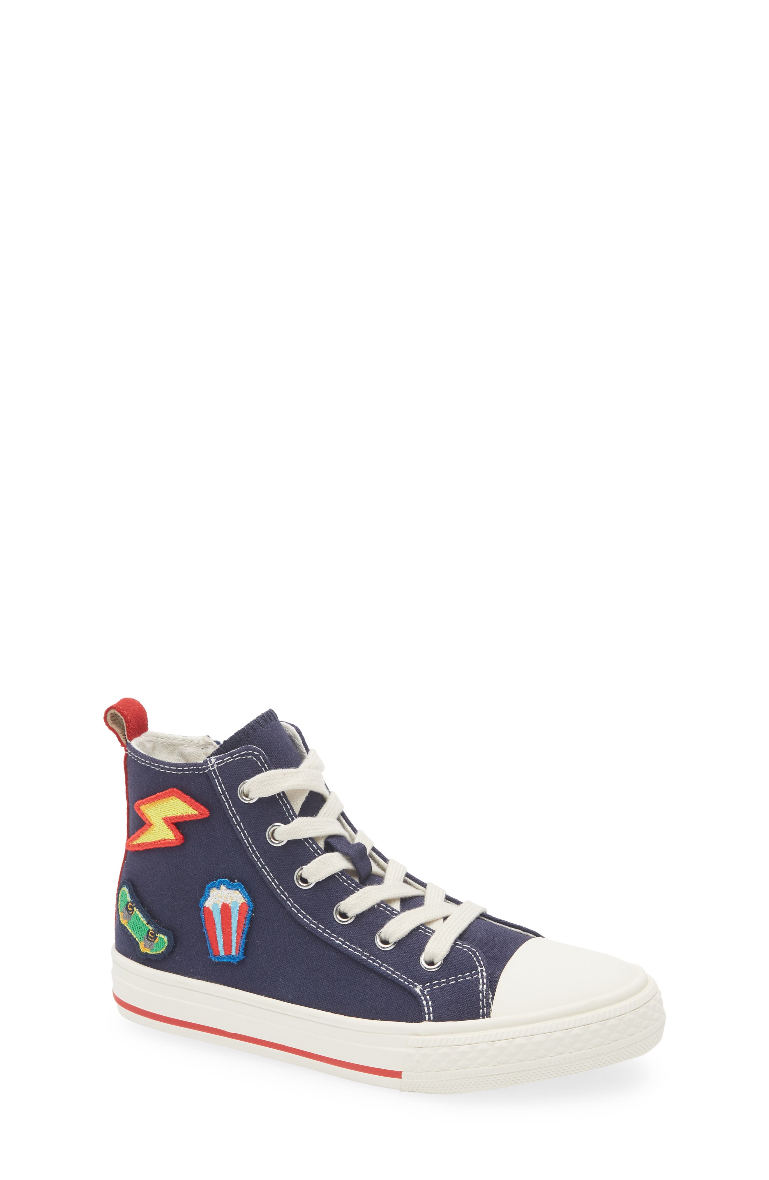 Mini Boden Kids' Canvas High Top Sneaker, Main, color, Navy Badges