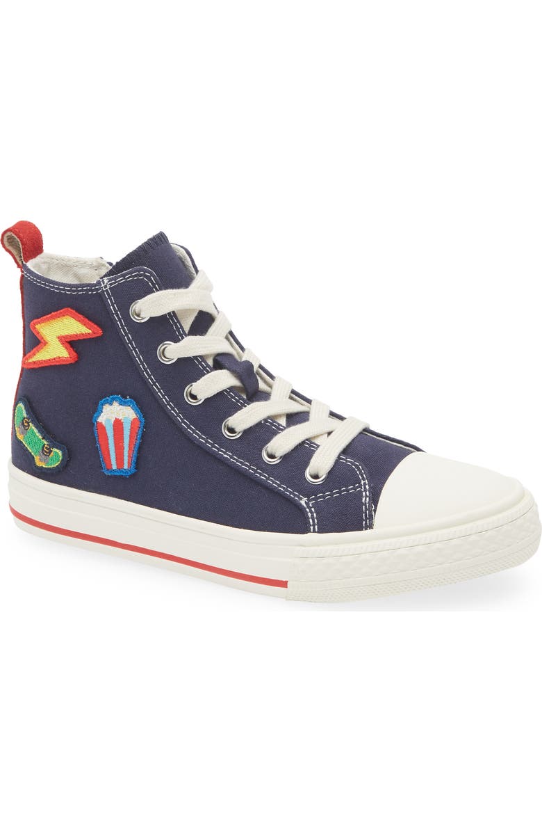 Mini Boden Kids' Canvas High Top Sneaker, Main, color, Navy Badges