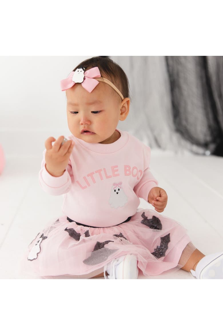 Pink Little Boo Patch Halloween Long Sleeve Romper, Alternate, color, Ballet Pink