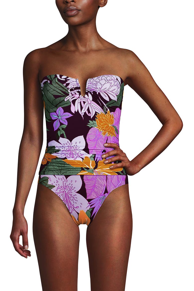 D-Cup Slender Suit U-Wire Bandeau Tankini Top, Alternate, color, Dark Wine Multi Floral Blooms