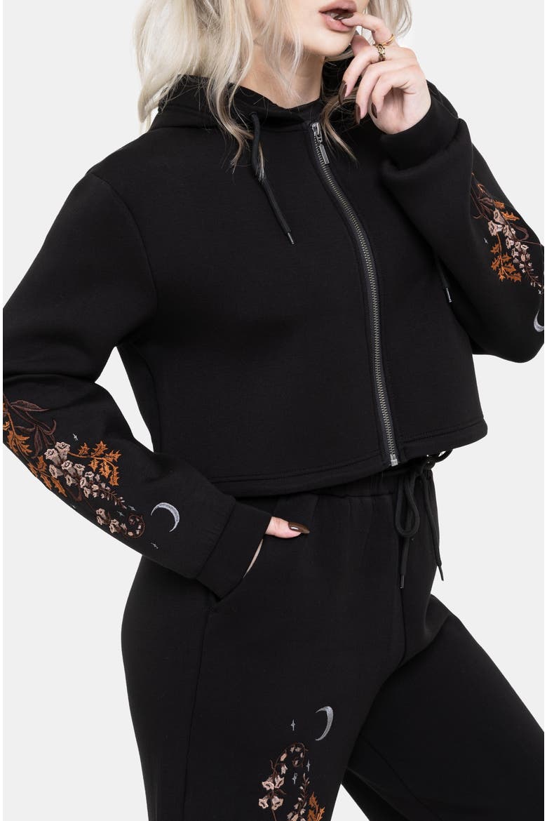 Foxglove Zip Up Cropped Hoodie, Alternate, color, Black
