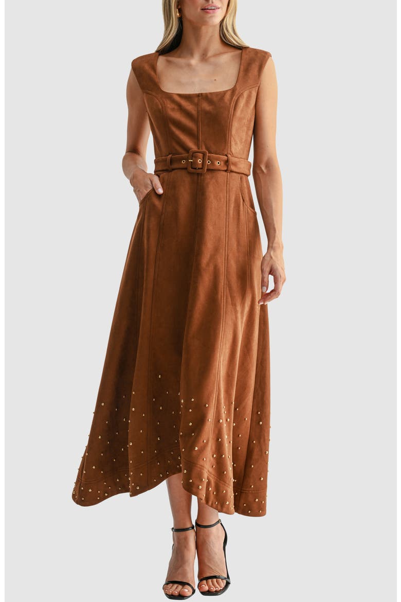 Faux Suede Belted Maxi Dress, Alternate, color, CAMEL