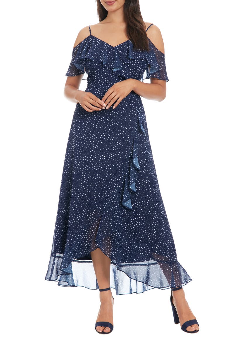 Cold Shoulder Ruffle Faux Wrap Dress, Main, color, NAVY/ WHITE