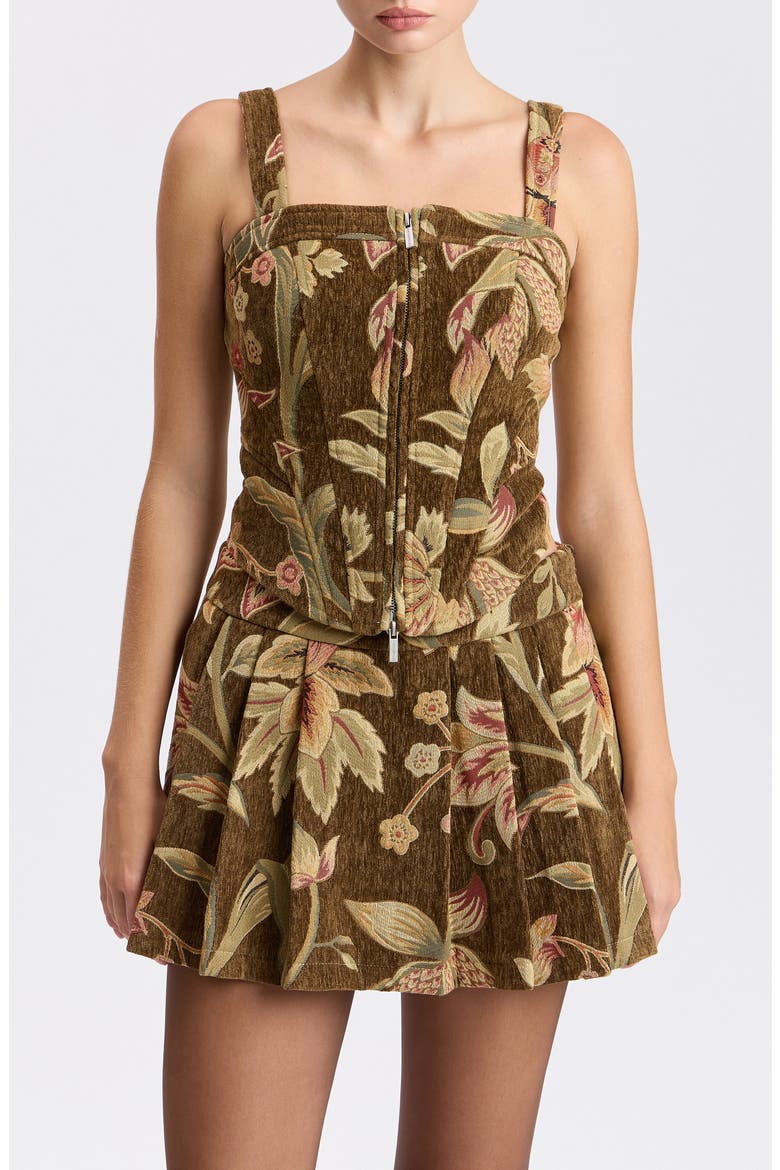 Floral Brocade Front Zip Corset Top, Main, color, BROWN FLORAL MULTI