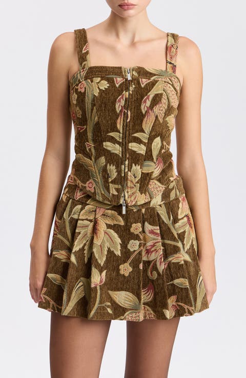 Floral Brocade Front Zip Corset Top
