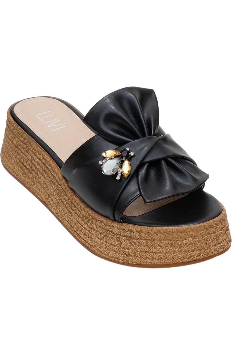 Prologue Shoes Shara Braided Bow & Bee Buckle Platform Sandal, Alternate, color, Black Faux Leather