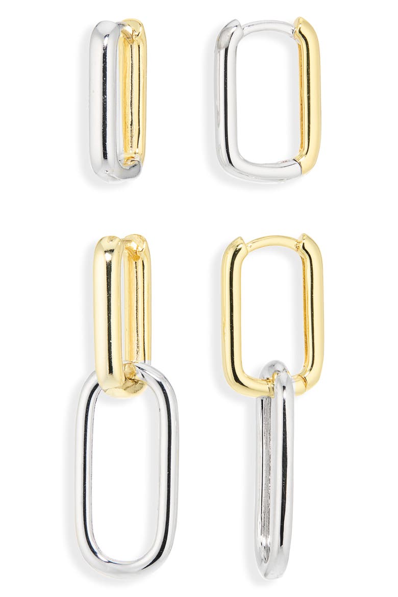 Set of 2 Pairs Huggie Hoop & Drop Earrings, Main, color, GOLD/ SIL
