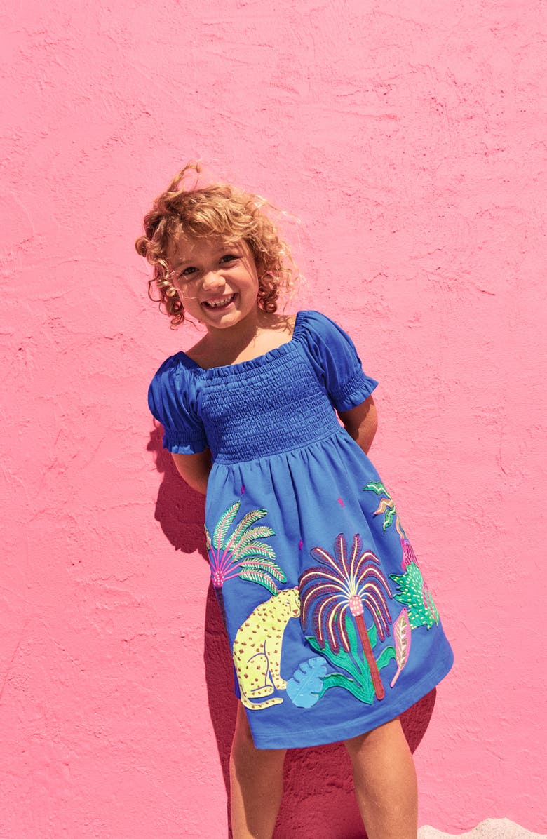 Mini Boden Kids' Clare Rain Forest Appliqué Smocked Cotton Dress, Alternate, color,