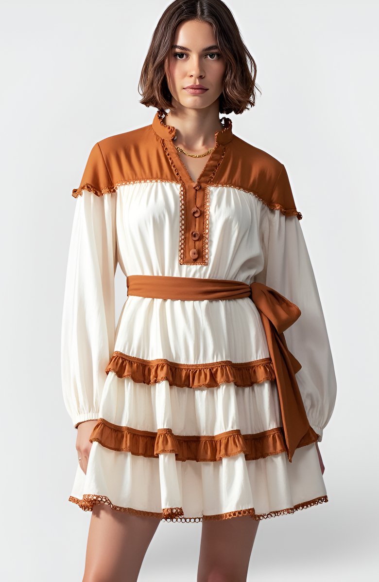 Modenaire Contrast Trim Mini Dress with Waist Tie and Tiered Skirt, Alternate, color, White / Brown