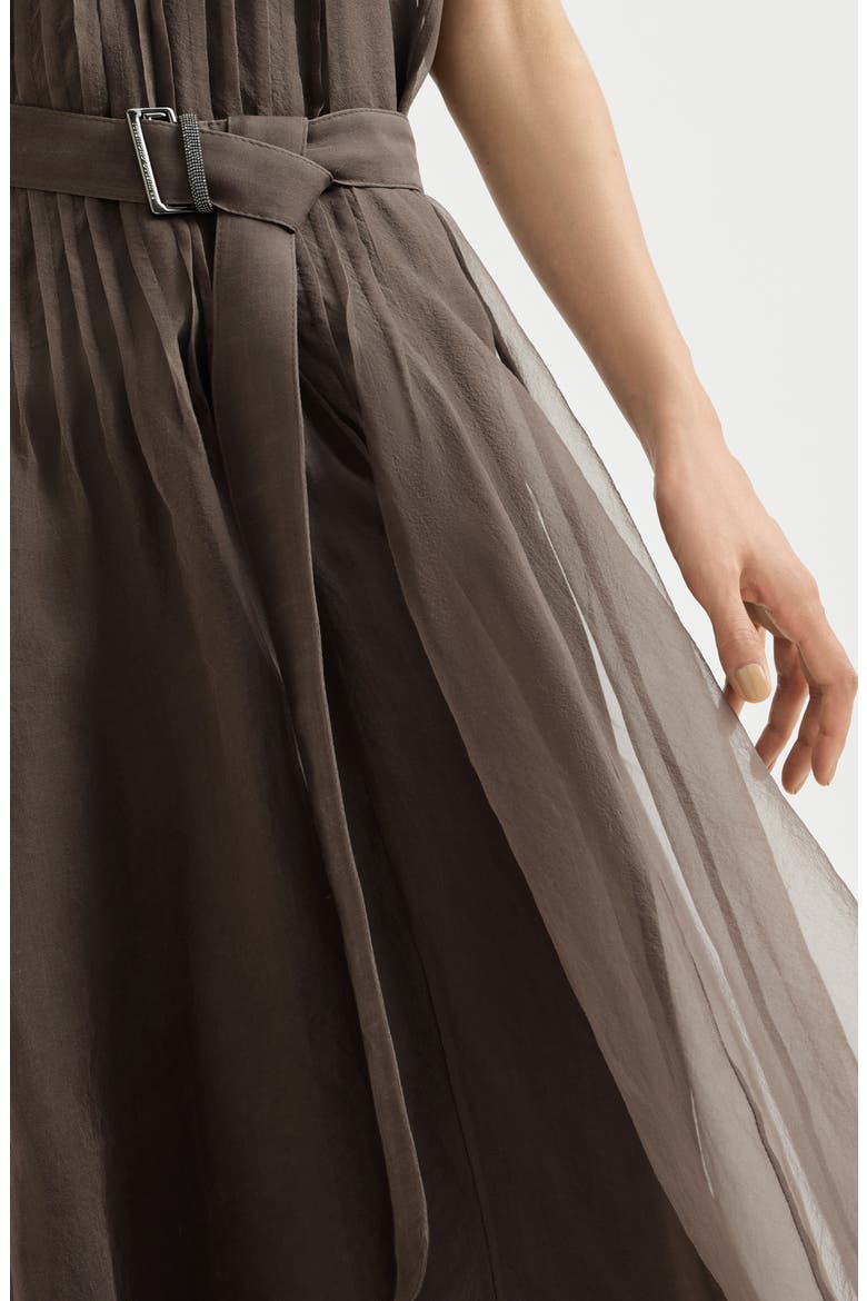 Crispy silk belted dress with pleated detail and precious strap, Alternate, color, Brown