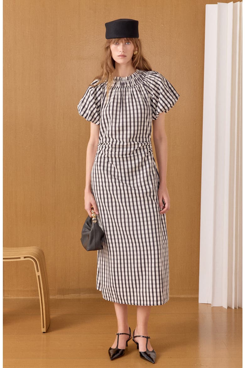Smocked Neck Gingham Midi Dress, Alternate, color, BLACK MULTI