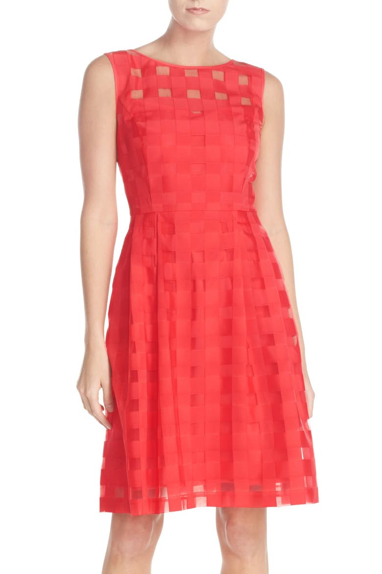Windowpane Check Fit & Flare Dress, Main, color, CORAL